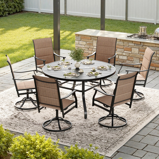 STARY 7 Pieces Outdoor Dining Set with 1.57" Umbrella Hole, Patio Swivel Dining Textilene Chairs and 47.2" Iron Round Table for 6 People, Poolside