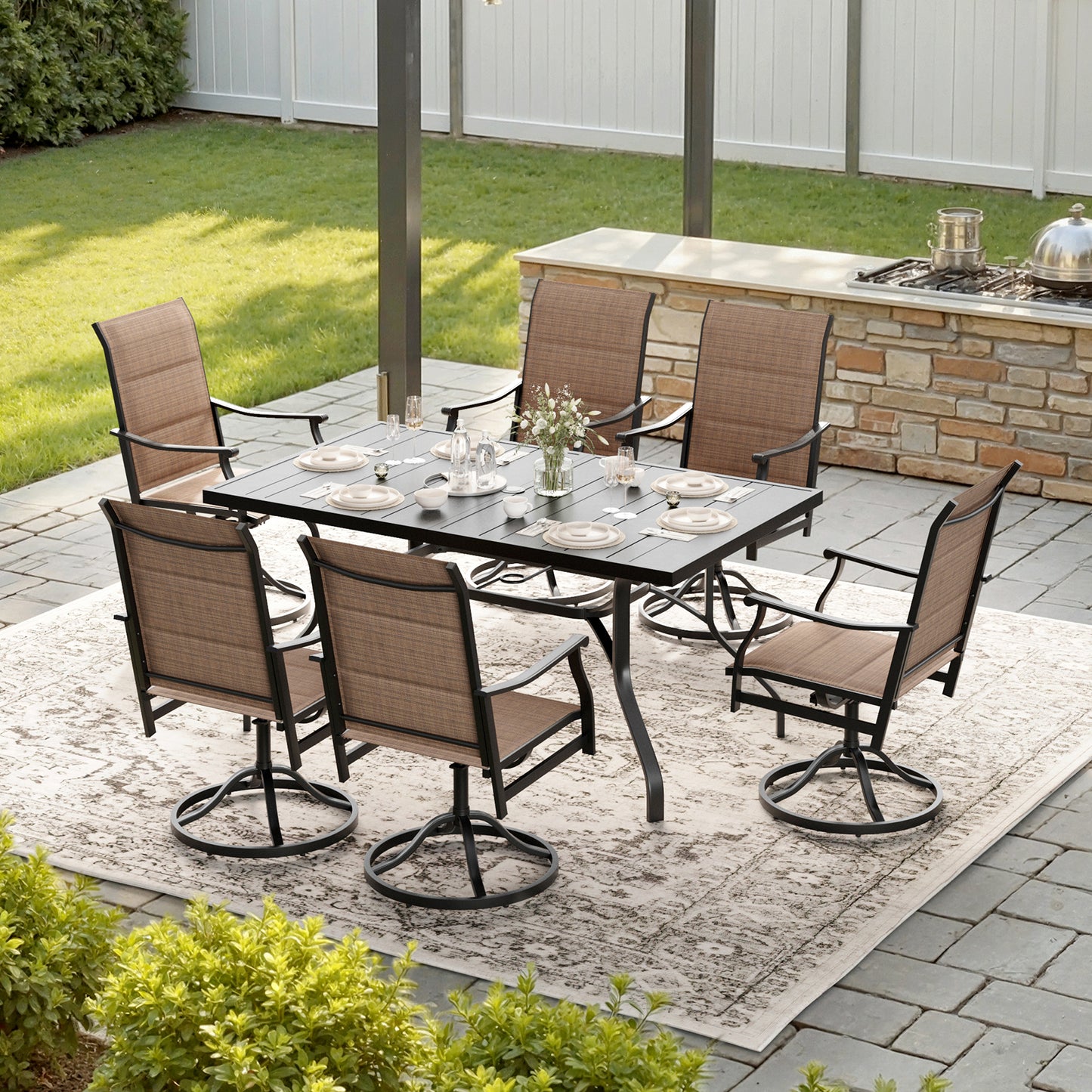 STARY 7 Pieces Outdoor Dining Set with 1.57" Umbrella Hole, Patio Swivel Dining Textilene Chairs and 60"x35" Iron Rectangle Table for 6 People, Poolside