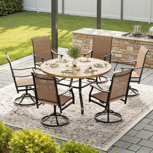 STARY 7 Pieces Outdoor Dining Set with 1.57" Umbrella Hole, Patio Swivel Dining Textilene Chairs and 47.2" Iron Round Table for 6 People, Backyard