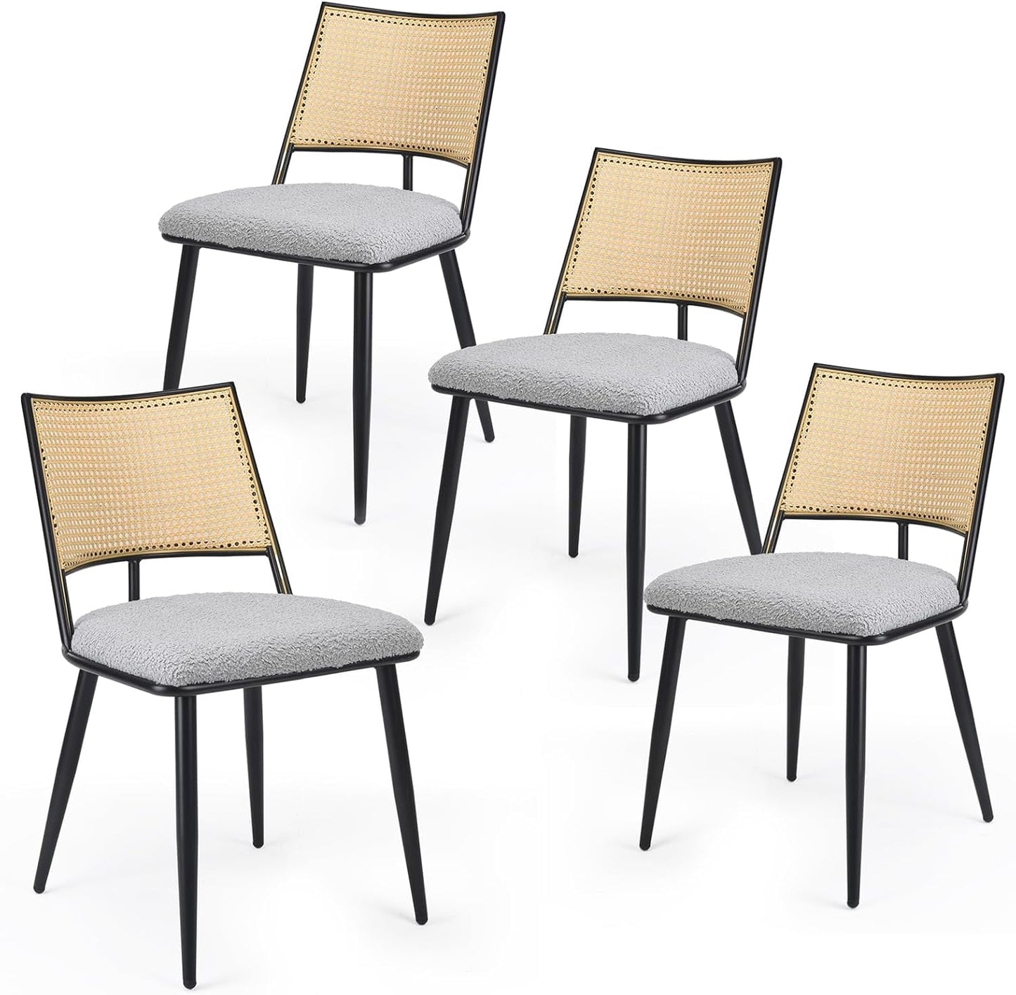 STARY Dining Chairs Set of 4, Mid-Century Modern Kitchen Chairs with Rattan Backrest & Metal Frame, Boucle Upholstered Accent Chairs for Dining Room, Kitchen, Living Room, Light Grey