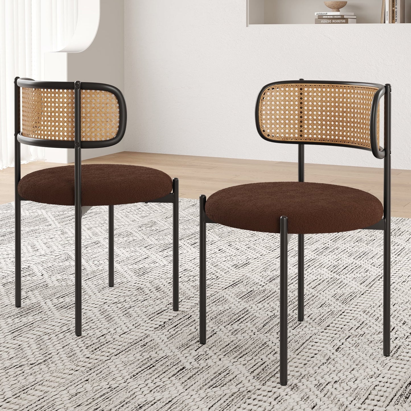 STARY Set of 2 Upholstered Dining Chairs Kitchen Chair with Rattan Back, Coffee