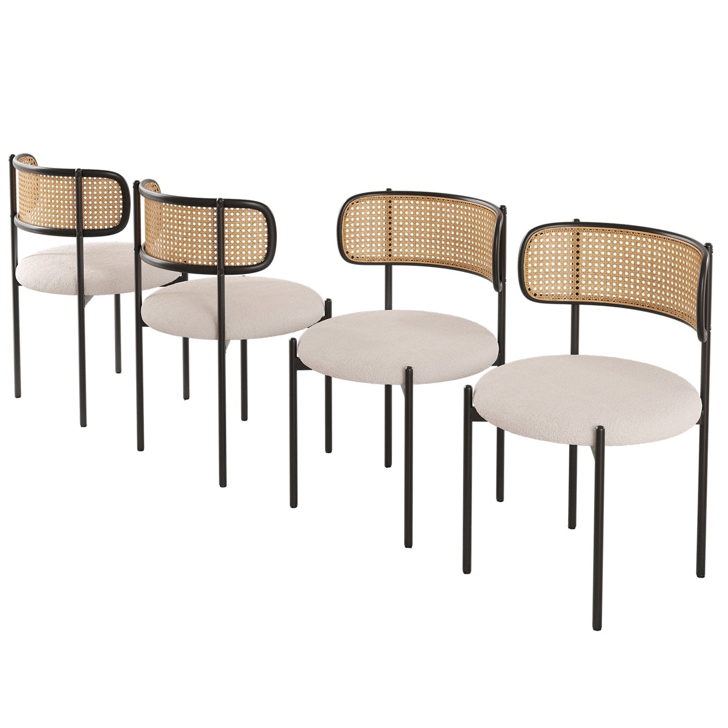 STARY Set of 4 Upholstered Dining Chairs Kitchen Chair with Rattan Back, Beige