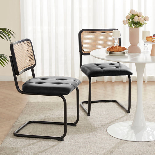 STARY Set of 2 Dining Chairs Mid-Century Modern Kitchen Chairs with Rattan Backrest and PU Leather Upholstery, Black