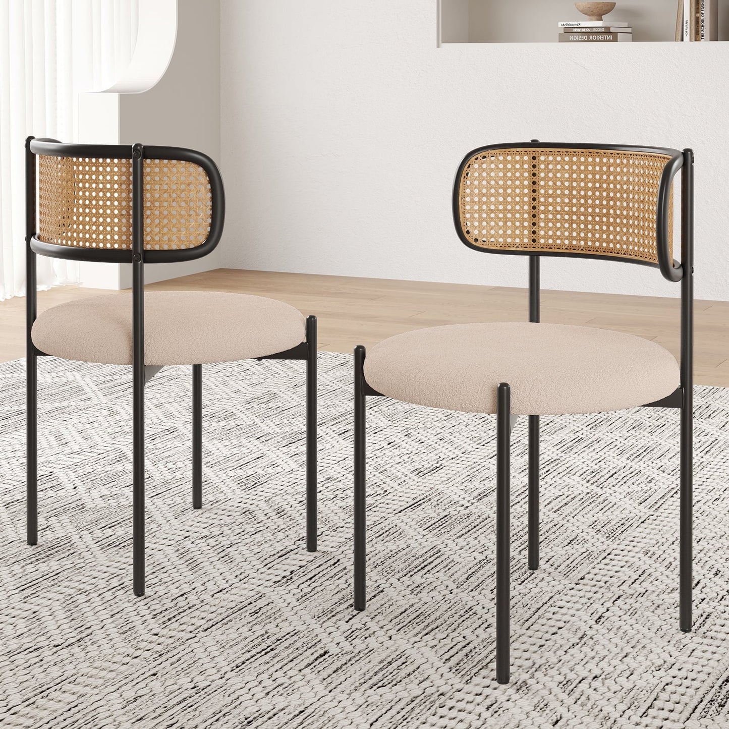 STARY Set of 2 Upholstered Dining Chairs Kitchen Chair with Rattan Back, Light Brown