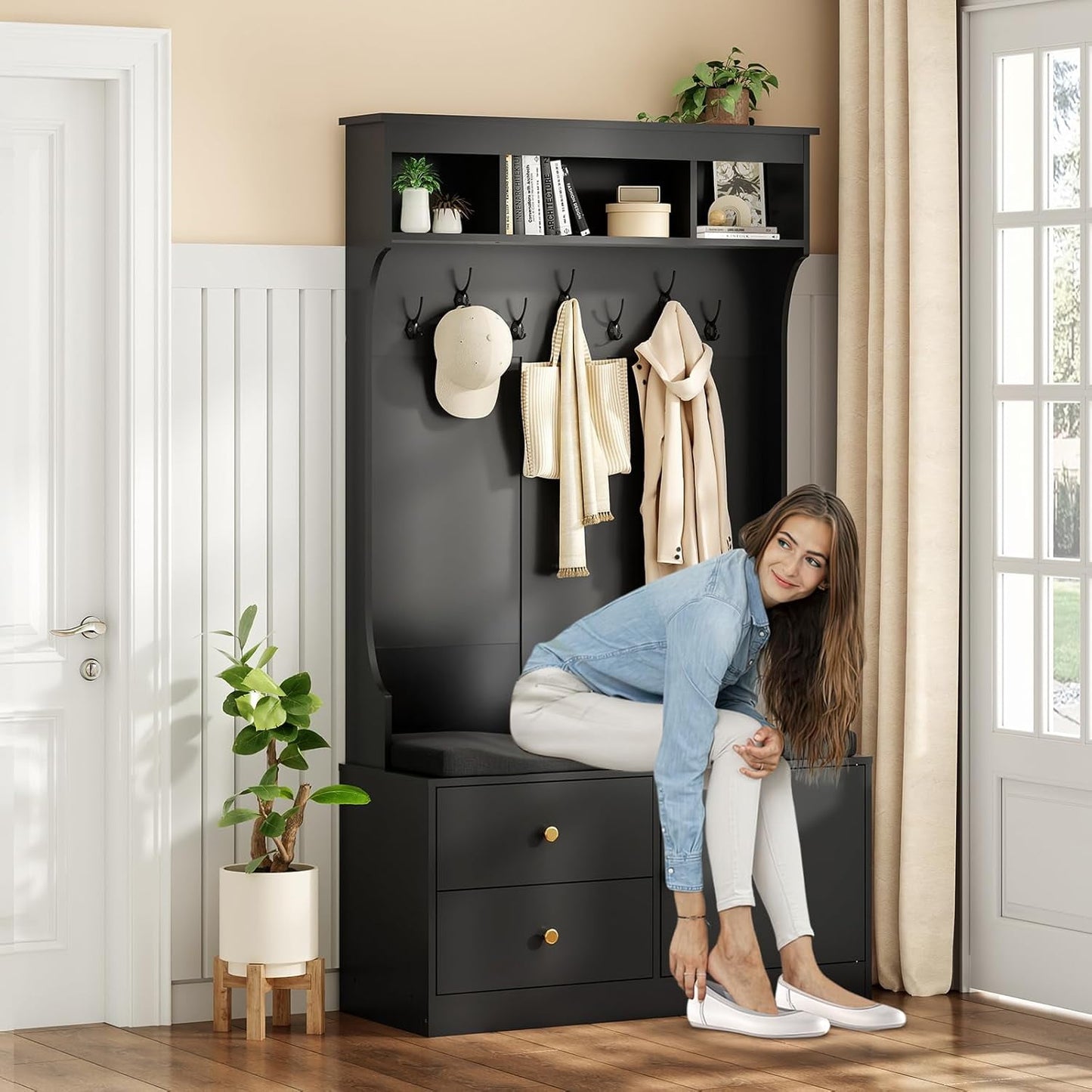 STARY Hall Tree with Bench & Shoe Rack, Mudra with Seats & 7 Hooks, 6-in-1, Entryway, 70.9"