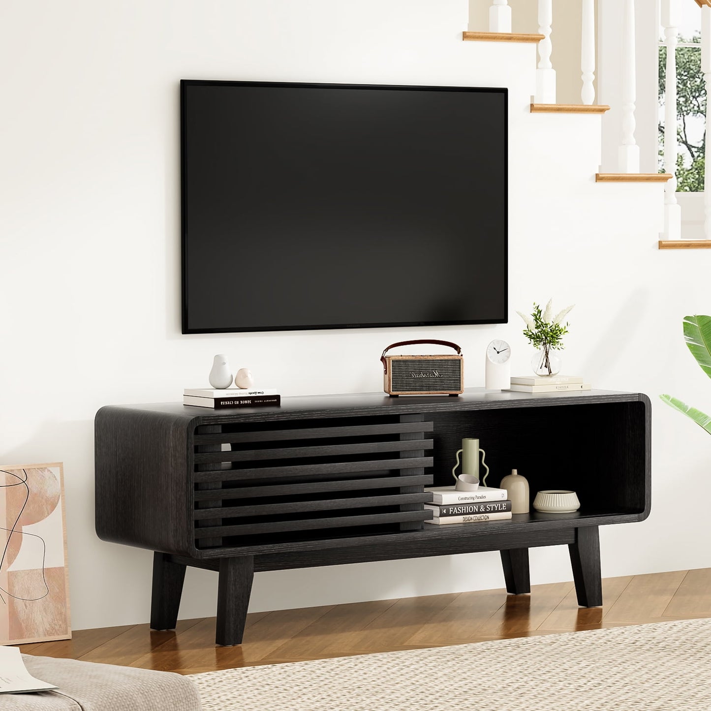 STARY TV Stand up to 59", Entertainment Center with Storage and Sliding Door, Black
