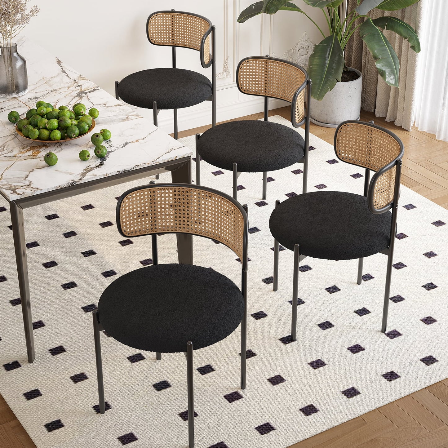 STARY Set of 4 Upholstered Dining Chairs Kitchen Chair with Rattan Backrest, Black