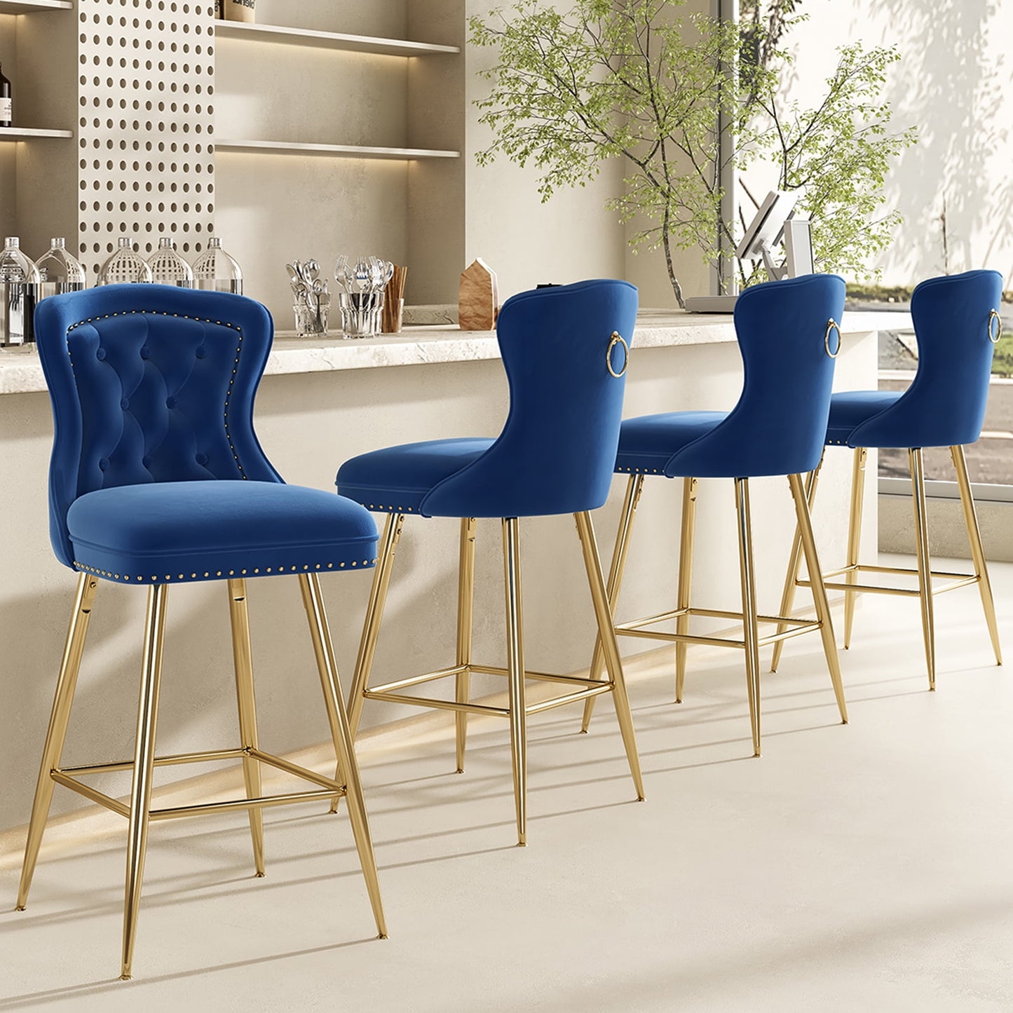 STARY Bar Stools Set of 4, Velvet Counter Height Stools with Metal Legs for Kitchen, Dining Rooms, Pubs (Blue, 26")