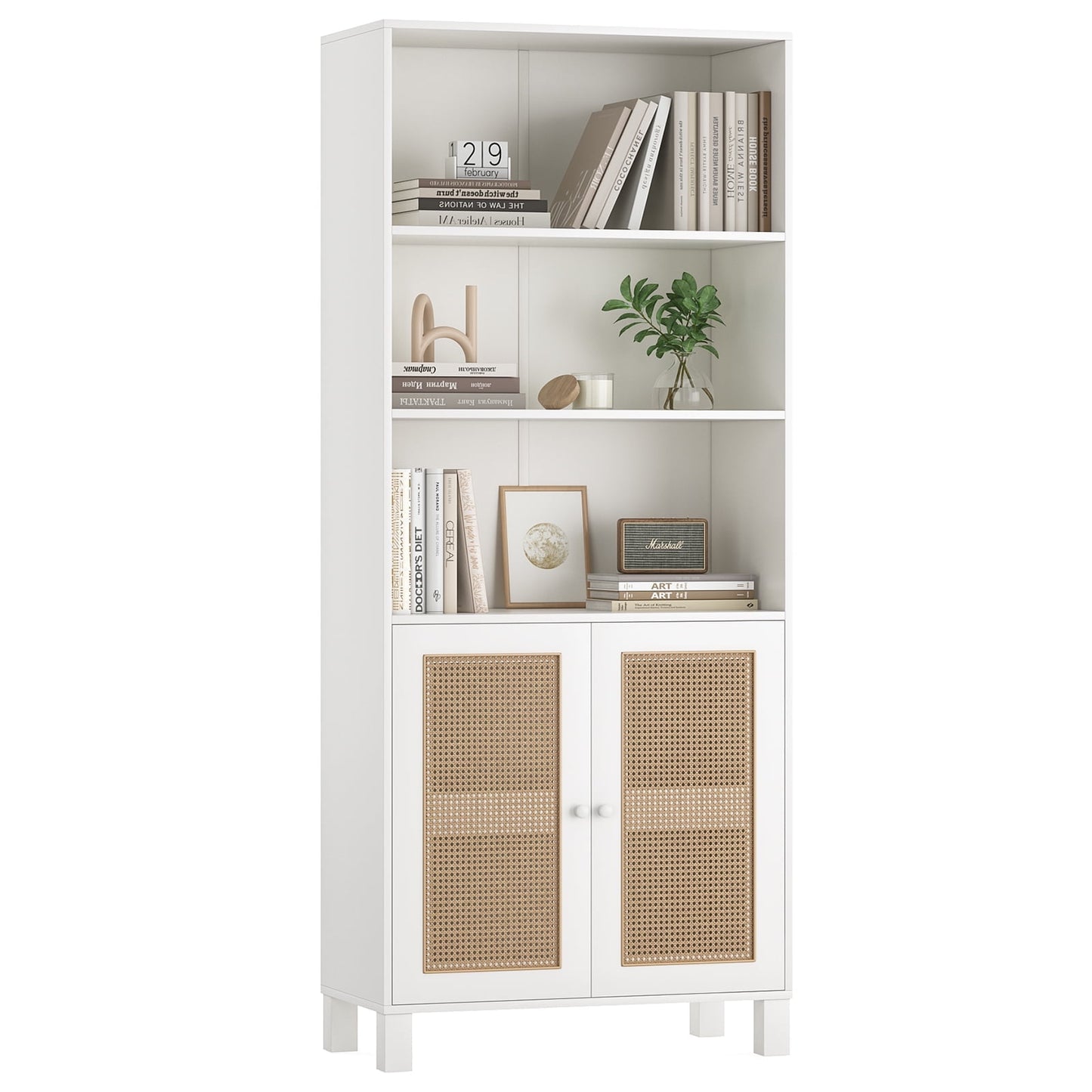 STARY Tall 5 Tier Bookcase, Storage Shelf with Rattan Doors for Living Room, Office, Library, White