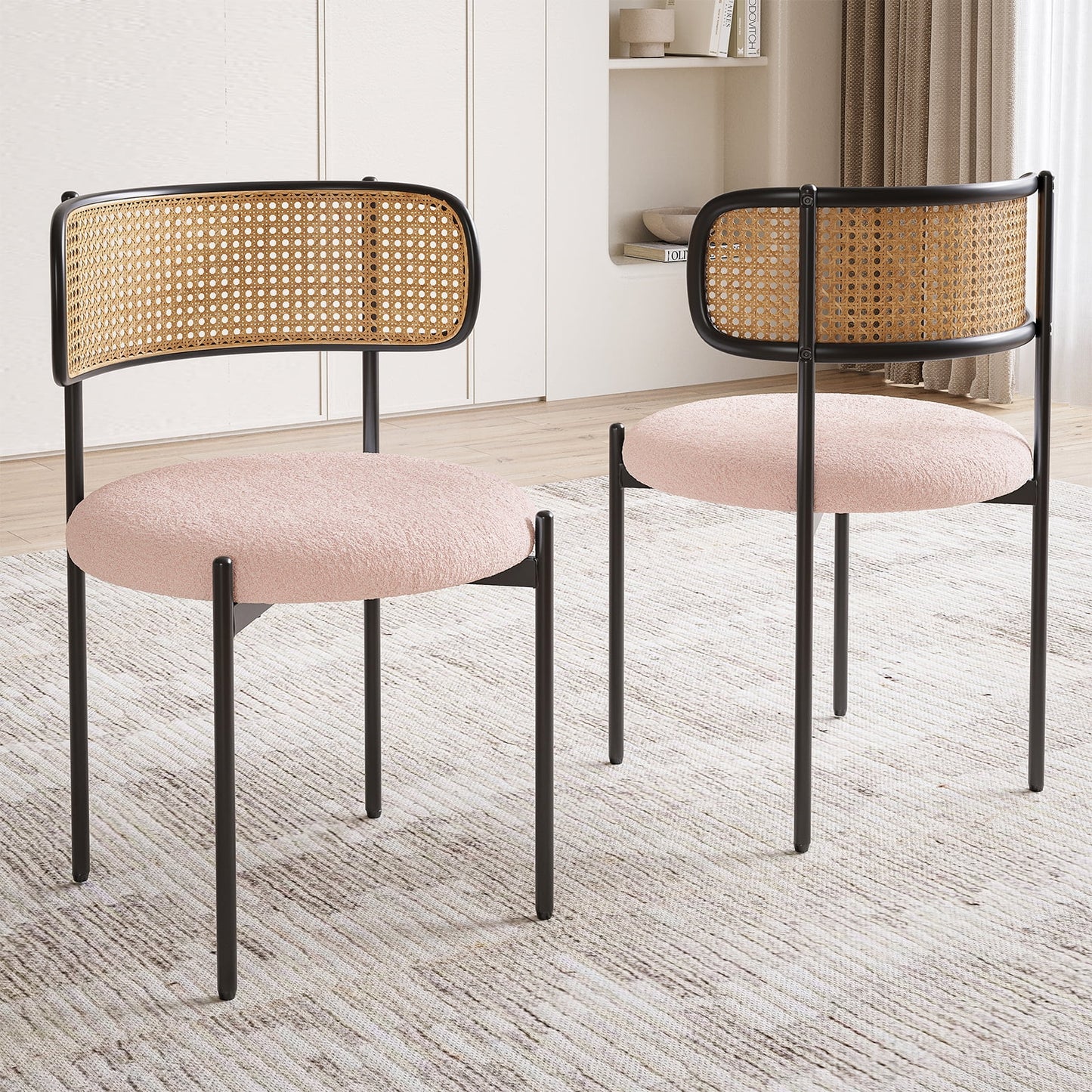 STARY Set of 2 Upholstered Dining Chairs Kitchen Chair with Rattan Back, Pink