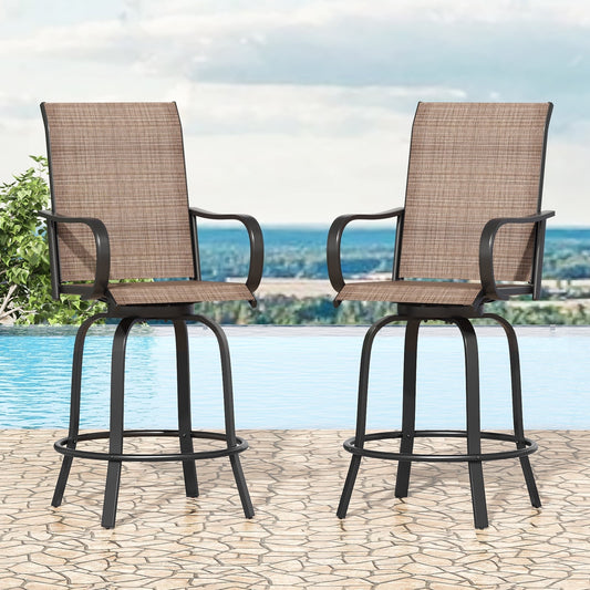 STARY Outdoor Bar Stools Set of 2, Swivel Patio Barstools with Textile Fabric,Ergonomic Comfort Bar Height Tall Outdoor Stools for Balcony,Brown
