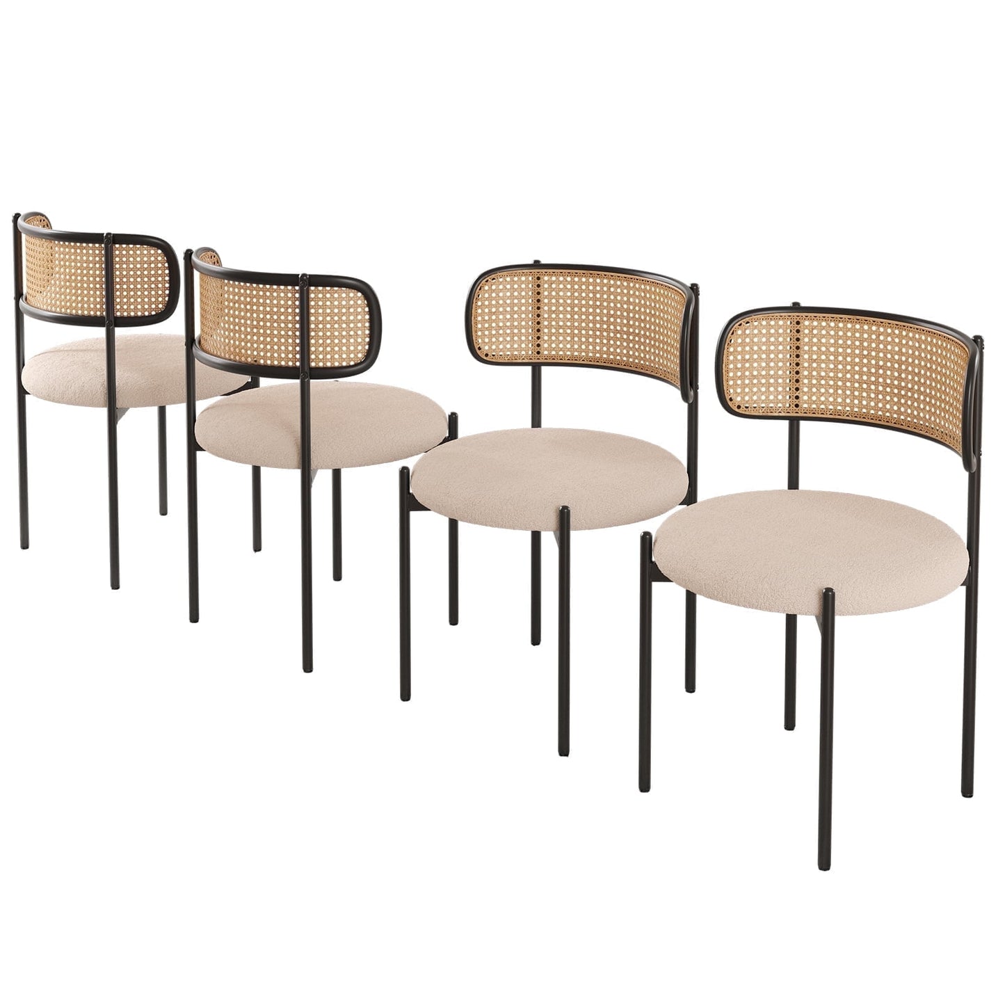 STARY Set of 4 Upholstered Dining Chairs Kitchen Chair with Rattan Backrest, Light Brown