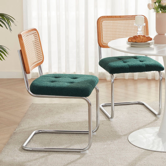 STARY Set of 2 Dining Chairs Mid-Century Modern Kitchen Chairs with Rattan Backrest and Plush Velvet Upholstery, Blackish Green