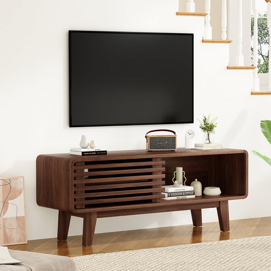 STARY TV Stand up to 59", Entertainment Center with Storage and Sliding Door, Walnut