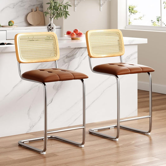 STARY Counter Height Bar Stools Set of 2, Upholstered PU Leather Barstools with Rattan Back, 26 inch Stools Armless Bar Chairs for Kitchen Island(Brown)